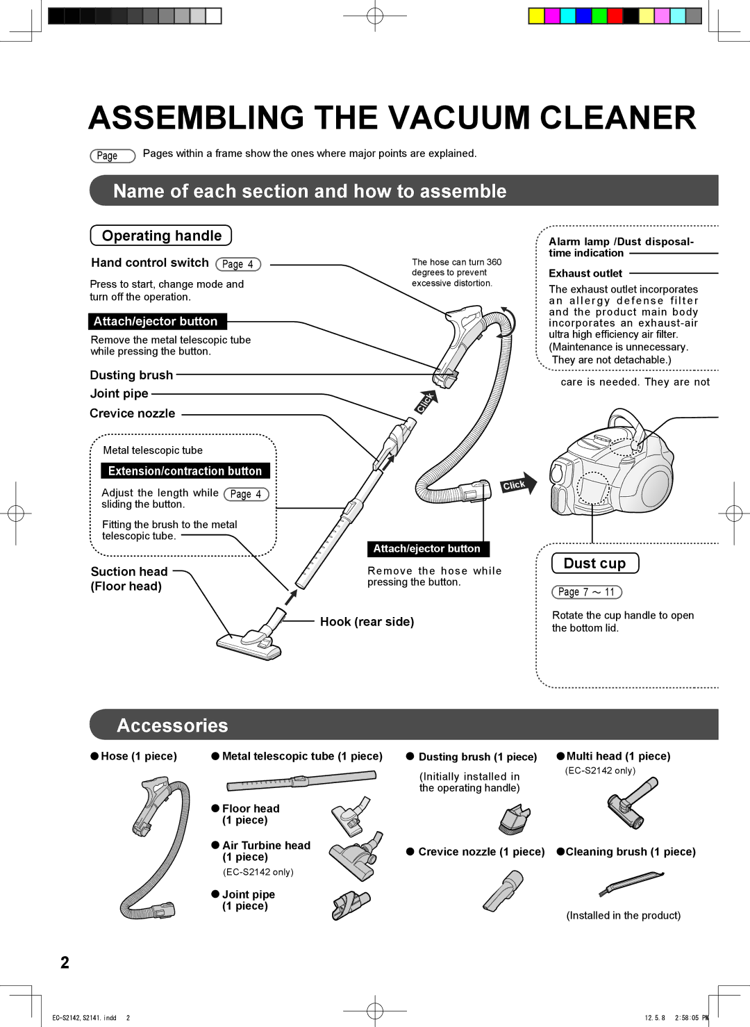 Sharp EC-S2142, EC-S2141 operation manual Name of each section and how to assemble, Accessories, Operating handle, Dust cup 