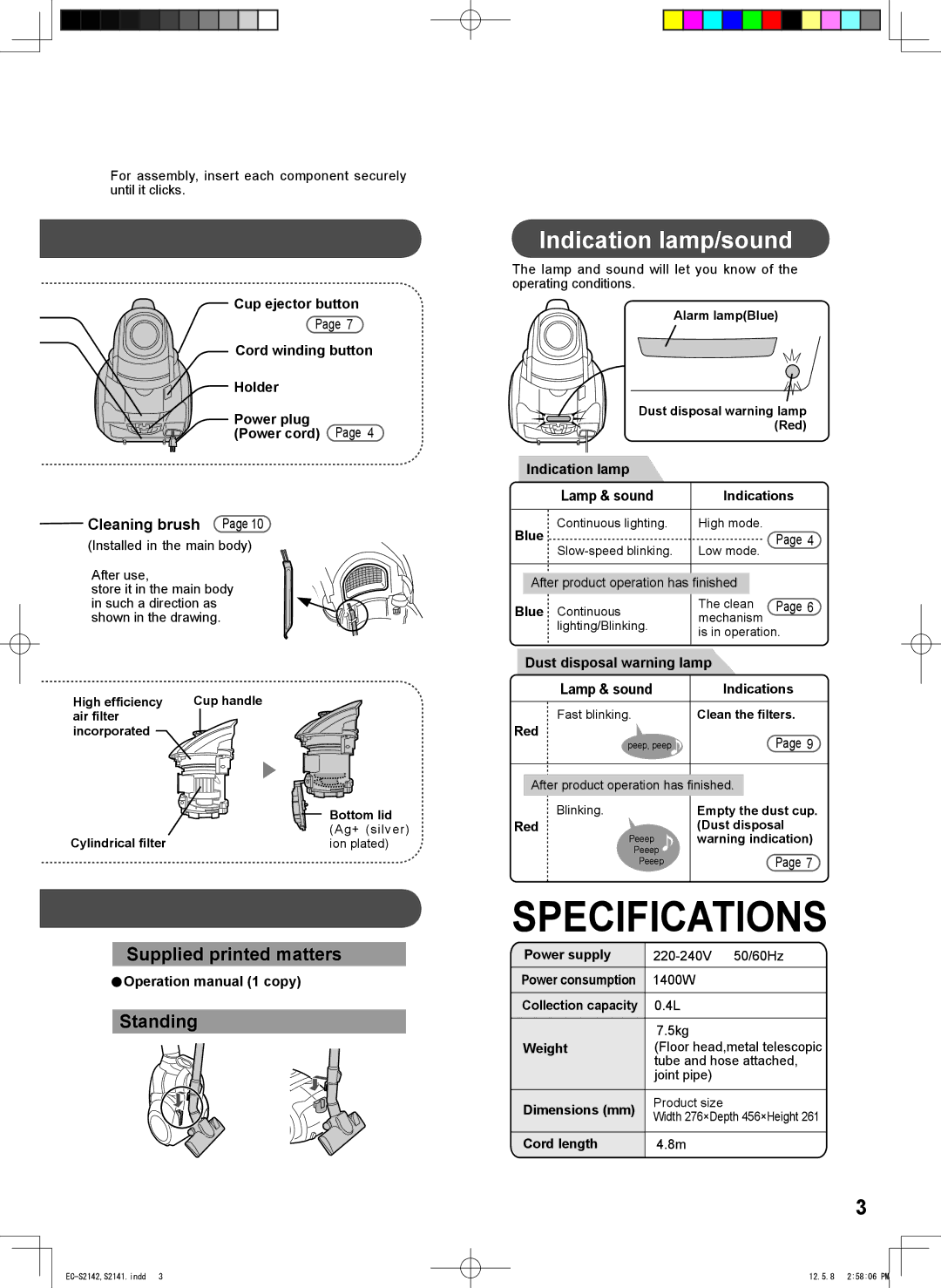 Sharp EC-S2141, EC-S2142 Specifications, Indication lamp/sound, Supplied printed matters Standing, Cleaning brush 