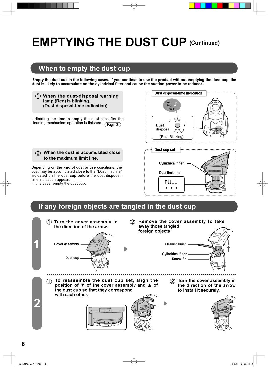 Sharp EC-S2142, EC-S2141 When to empty the dust cup, If any foreign objects are tangled in the dust cup, Dust cup set 