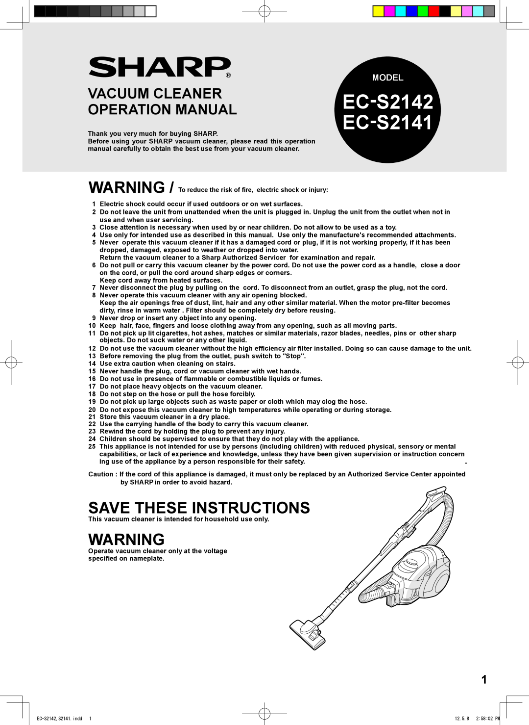 Sharp operation manual Model, EC-S2142 EC-S2141, Save These Instructions 