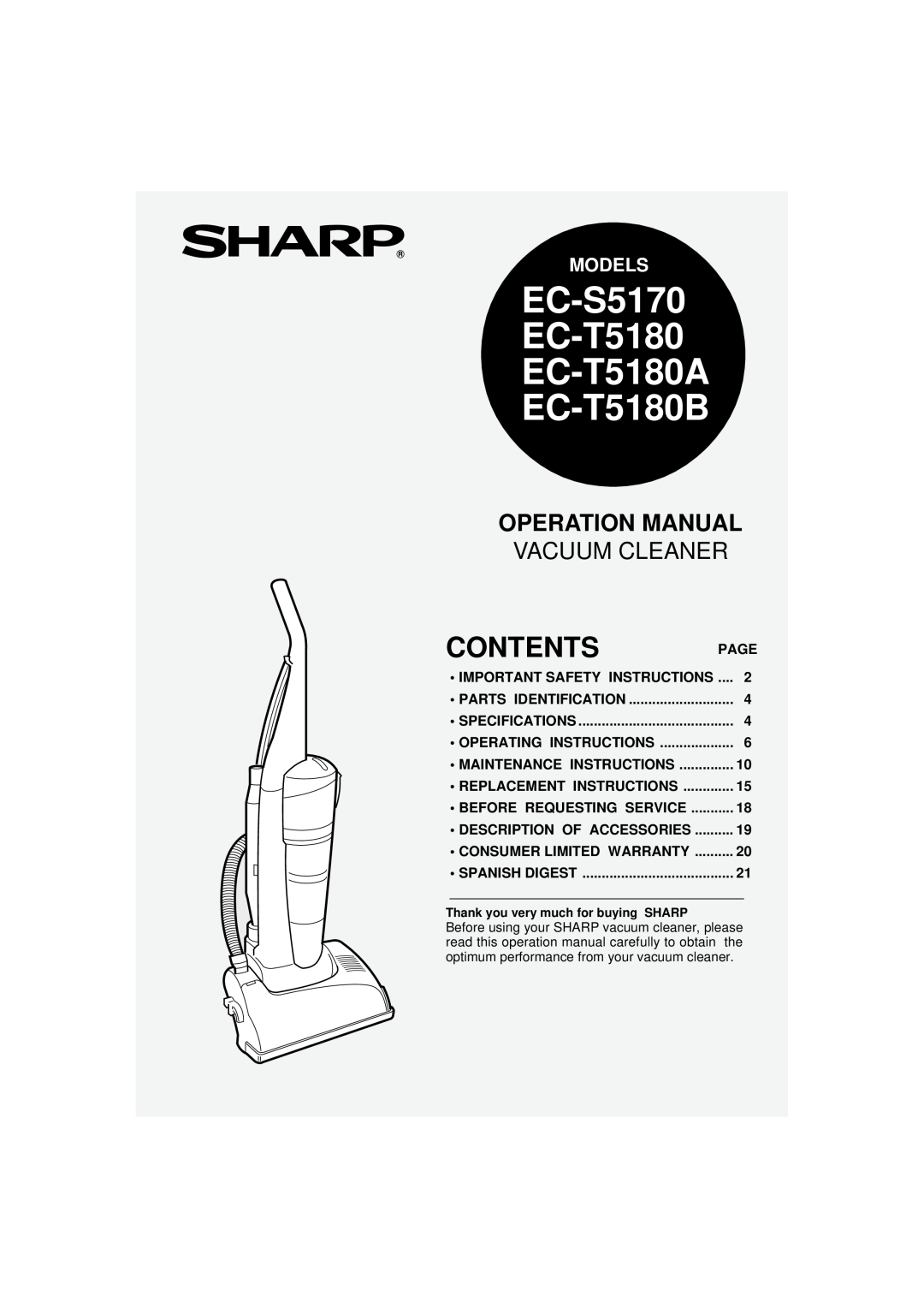 Sharp operation manual Contents, EC-S5170 EC-T5180 EC-T5180A EC-T5180B, Vacuum Cleaner, Models 