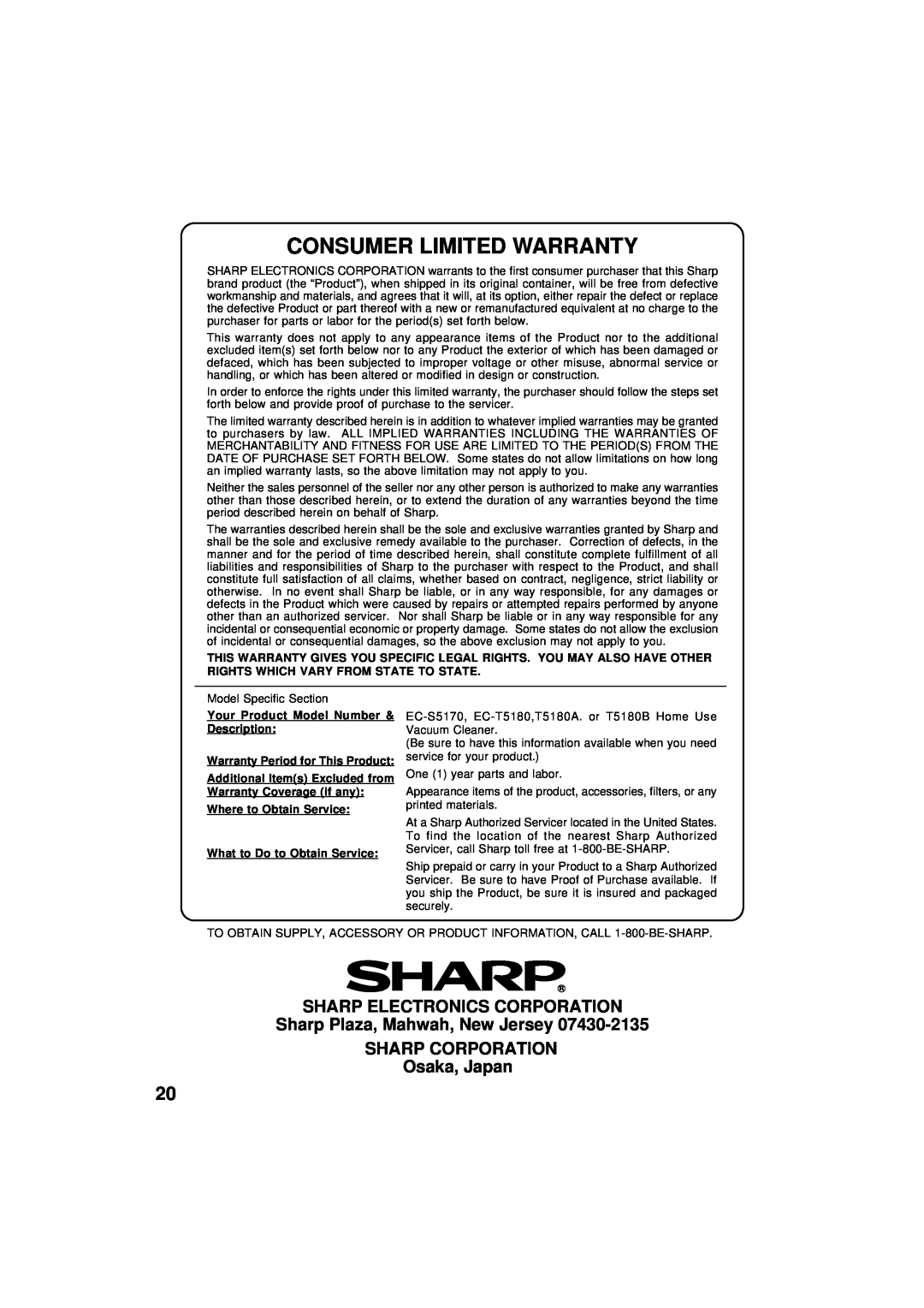 Sharp EC-T5180 Consumer Limited Warranty, Sharp Electronics Corporation, Sharp Plaza, Mahwah, New Jersey SHARP CORPORATION 