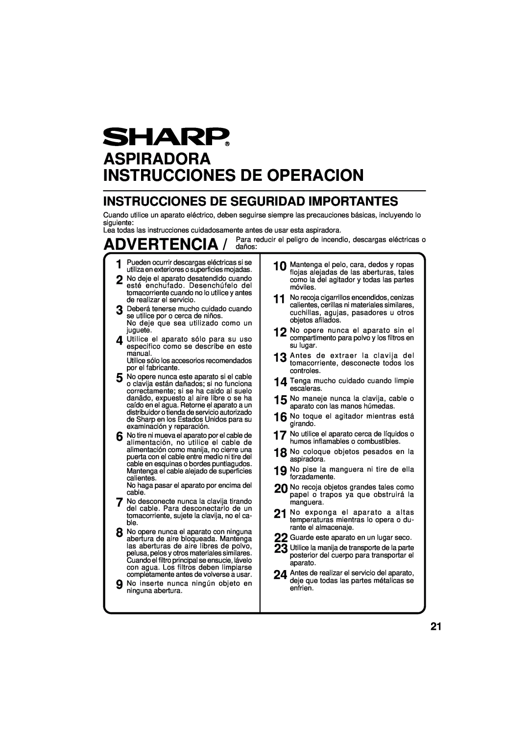 Sharp EC-T5180A Aspiradora Instrucciones De Operacion, ADVERTENCIA / daños, Instrucciones De Seguridad Importantes 