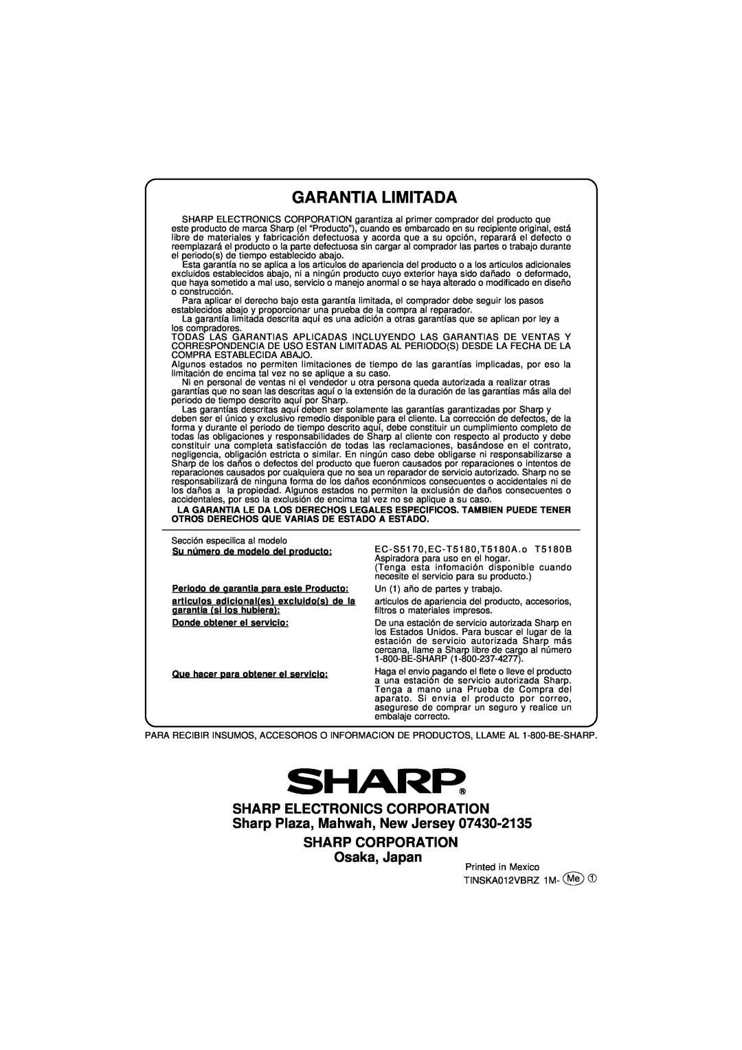 Sharp EC-T5180 Garantia Limitada, Sharp Electronics Corporation, Sharp Plaza, Mahwah, New Jersey SHARP CORPORATION 