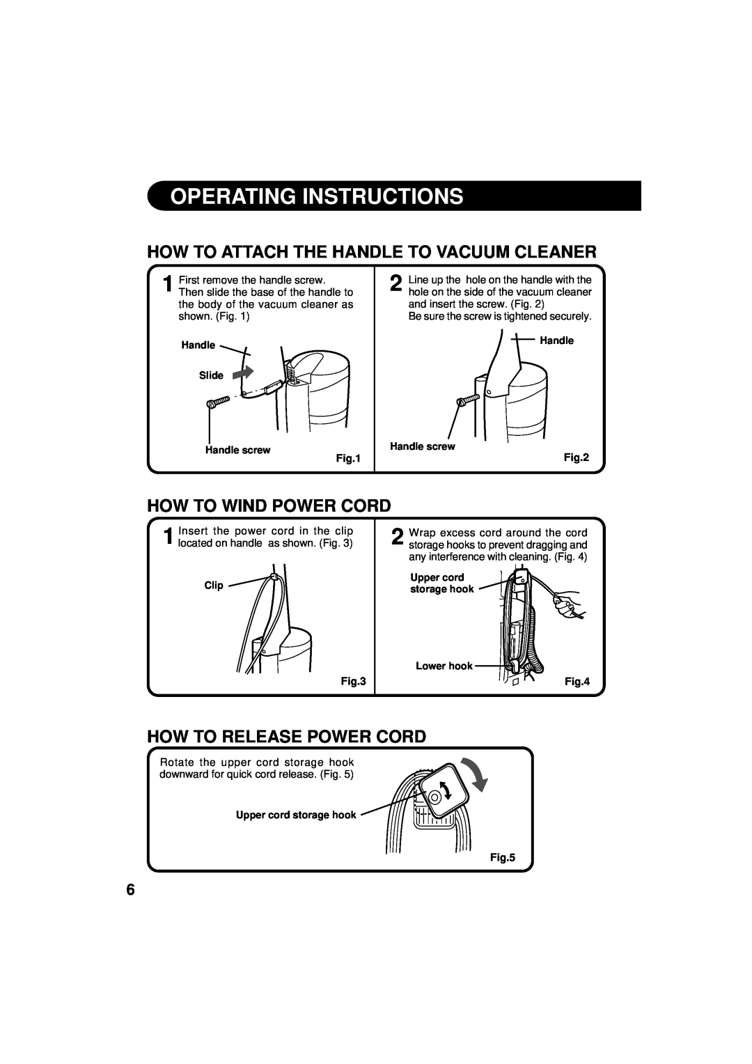 Sharp EC-S5170, EC-T5180 Operating Instructions, How To Attach The Handle To Vacuum Cleaner, How To Wind Power Cord 