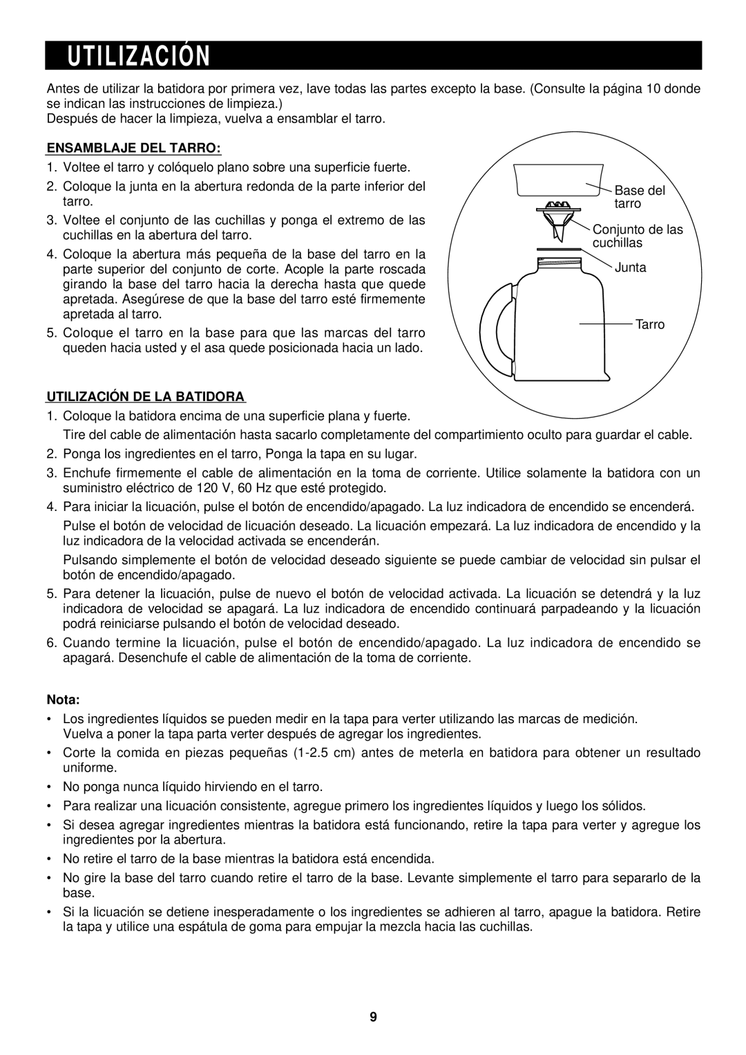 Sharp EJ-12GDW operation manual Ensamblaje DEL Tarro, Utilización DE LA Batidora 