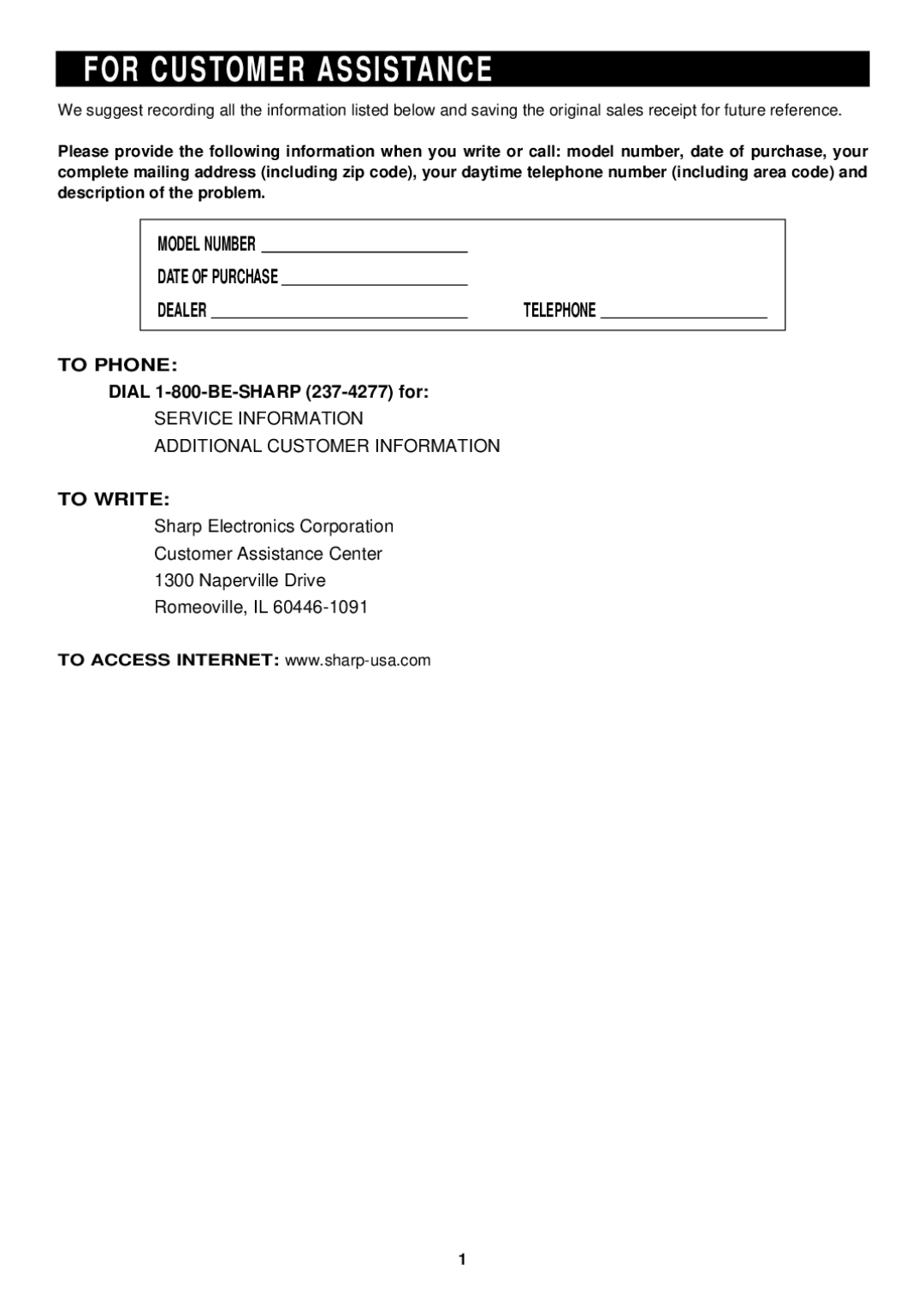 Sharp EJ-12GDW operation manual For Customer Assistance, Model Number Date of Purchase 