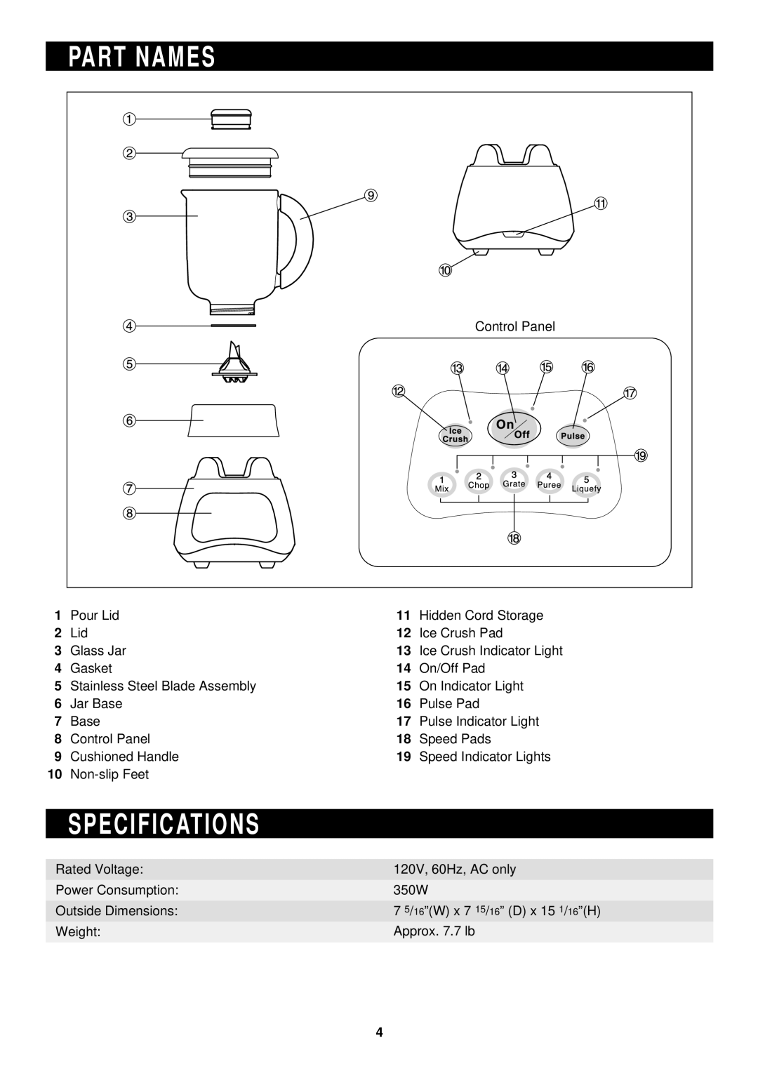 Sharp EJ-12GDW operation manual Part Names, Specifications 