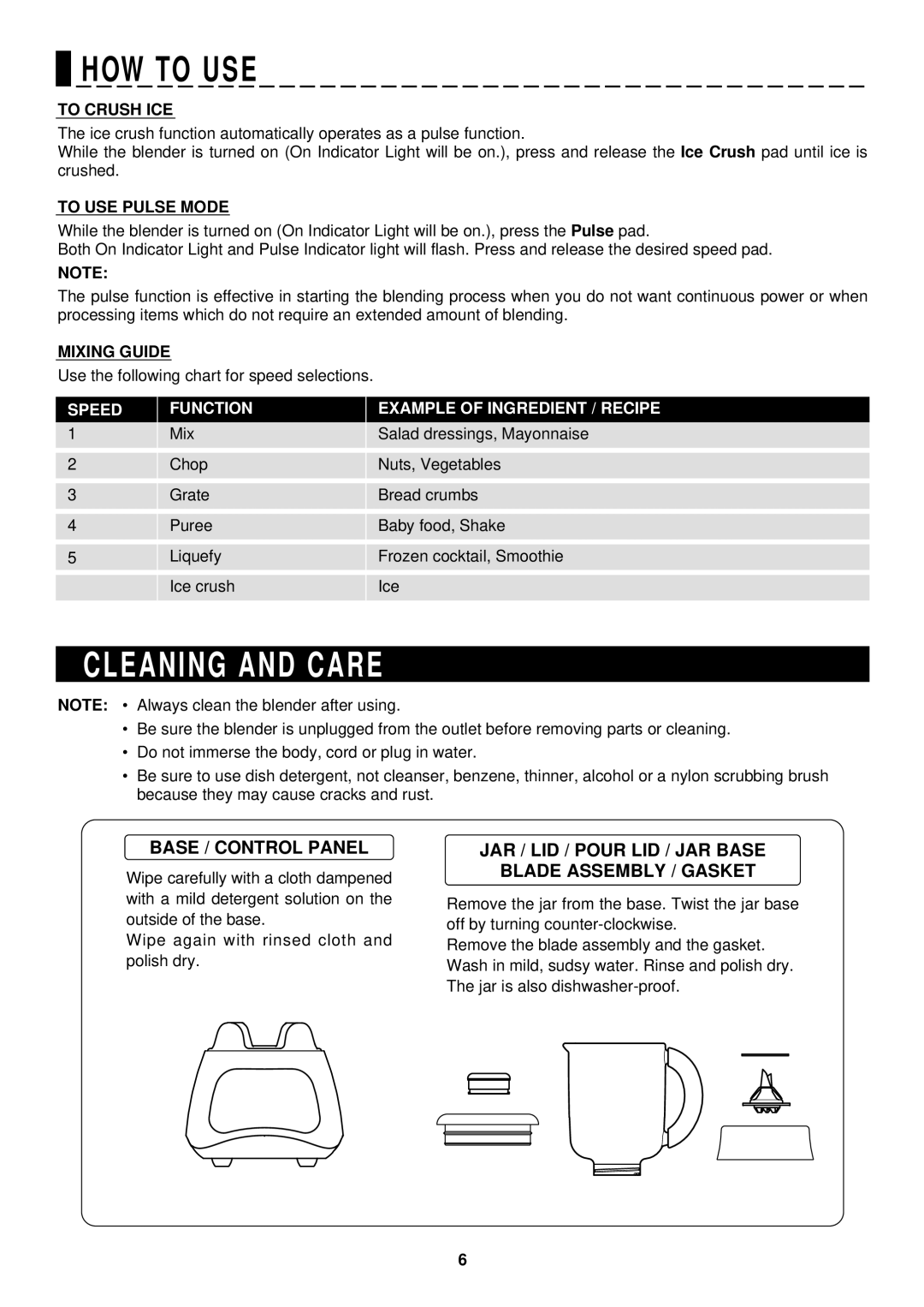 Sharp EJ-12GDW operation manual HOW to USE, Cleaning and Care, To Crush ICE, To USE Pulse Mode, Mixing Guide 