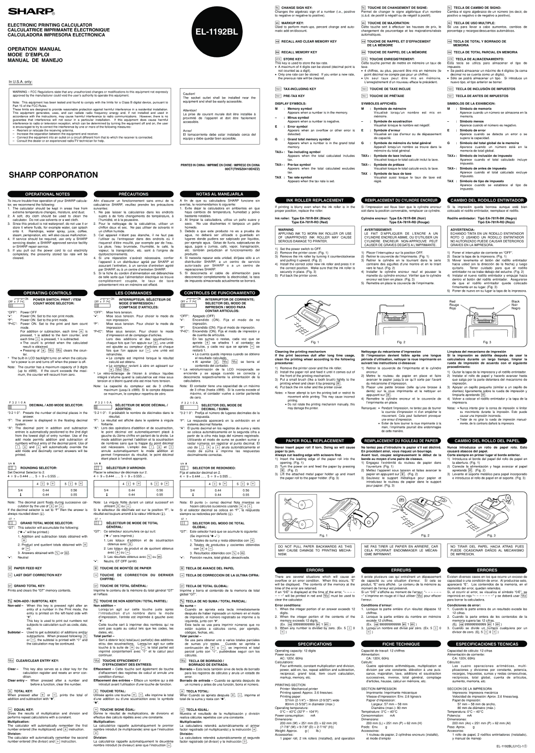 Sharp EL-1192BL operation manual Operational Notes, Précautions, Notas AL Manejarla, INK Roller Replacement, LES Commandes 