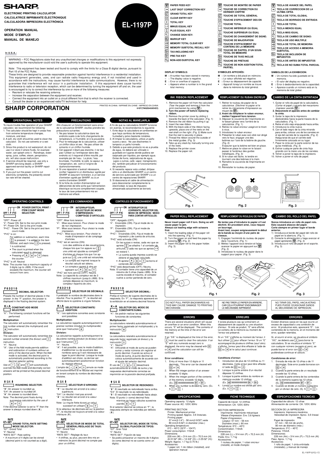 Sharp EL-1197P specifications Cambio DE LA Cinta Entintada, Operating Controls, LES Commandes, Controles DE Funcionamiento 