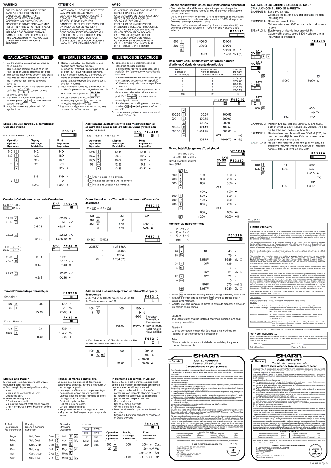 Sharp EL-1197P Percent change/Variation en pour cent/Cambio porcentual, Constant/Calculs avec constante/Constantes 