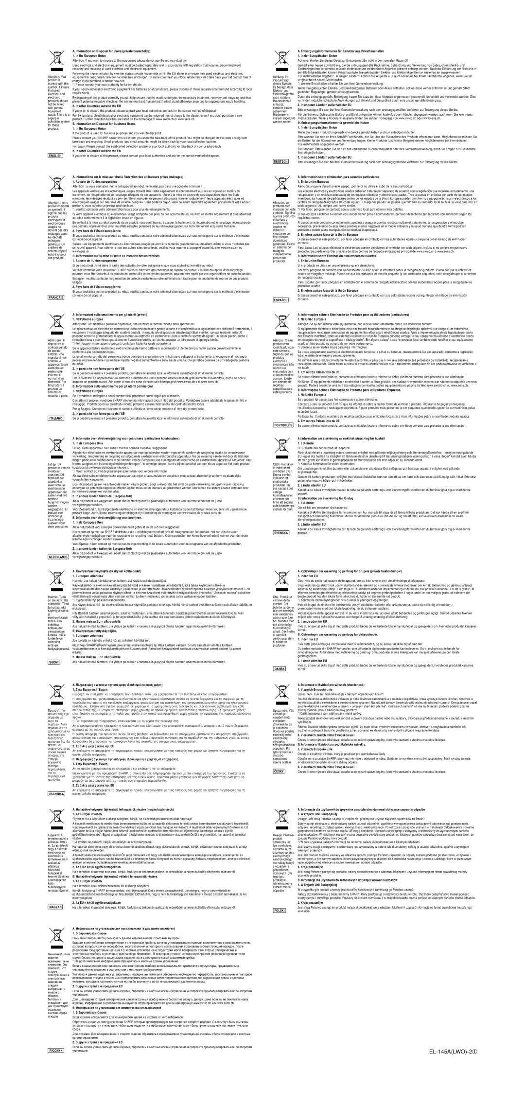 Sharp EL-145A specifications English Français, Italiano, Nederlands, Suomi, Deutsch, Español, Português, Svenska, Dansk 