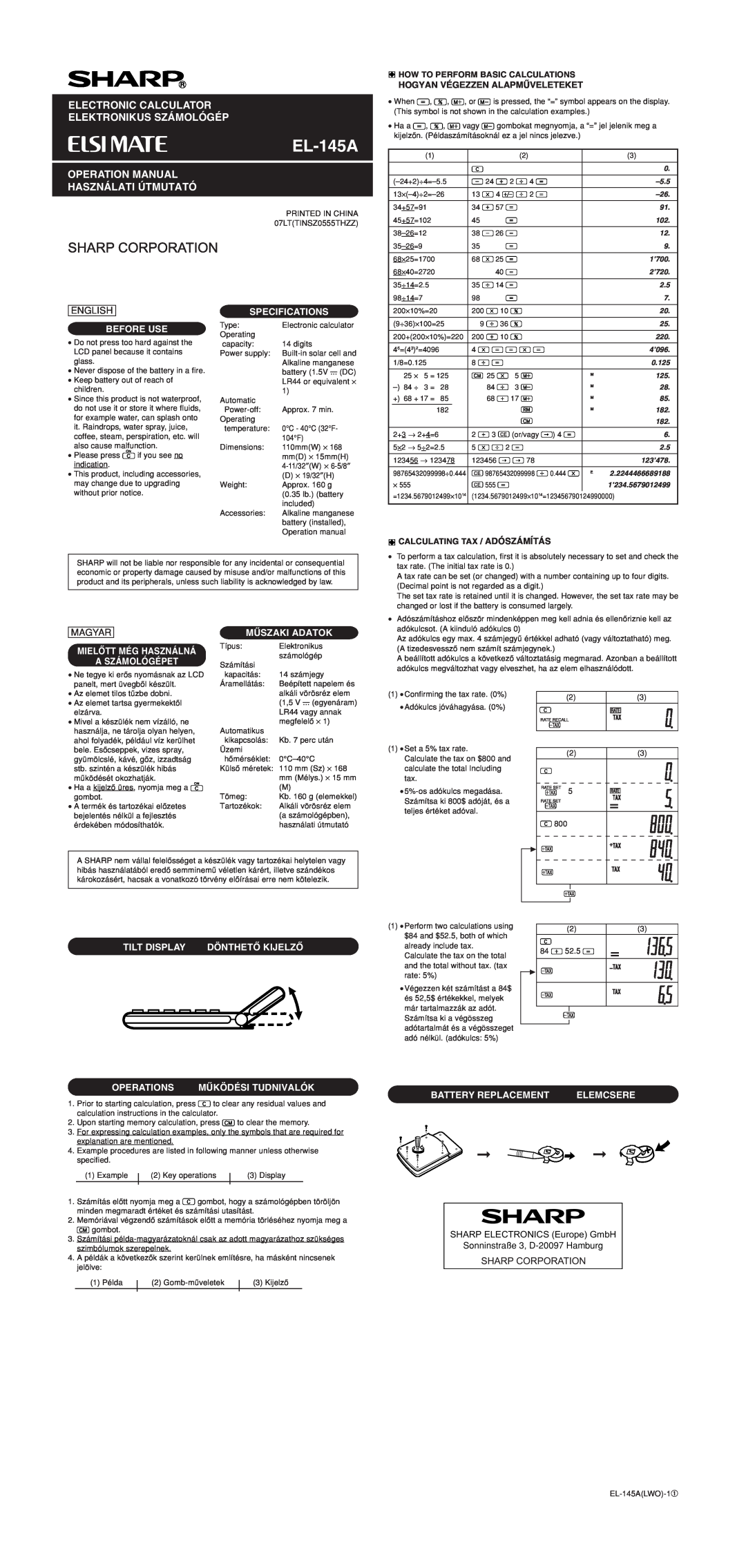 Sharp EL-145A specifications Electronic Calculator, Elektronikus Számológép, Használati Útmutató, English, Before Use 