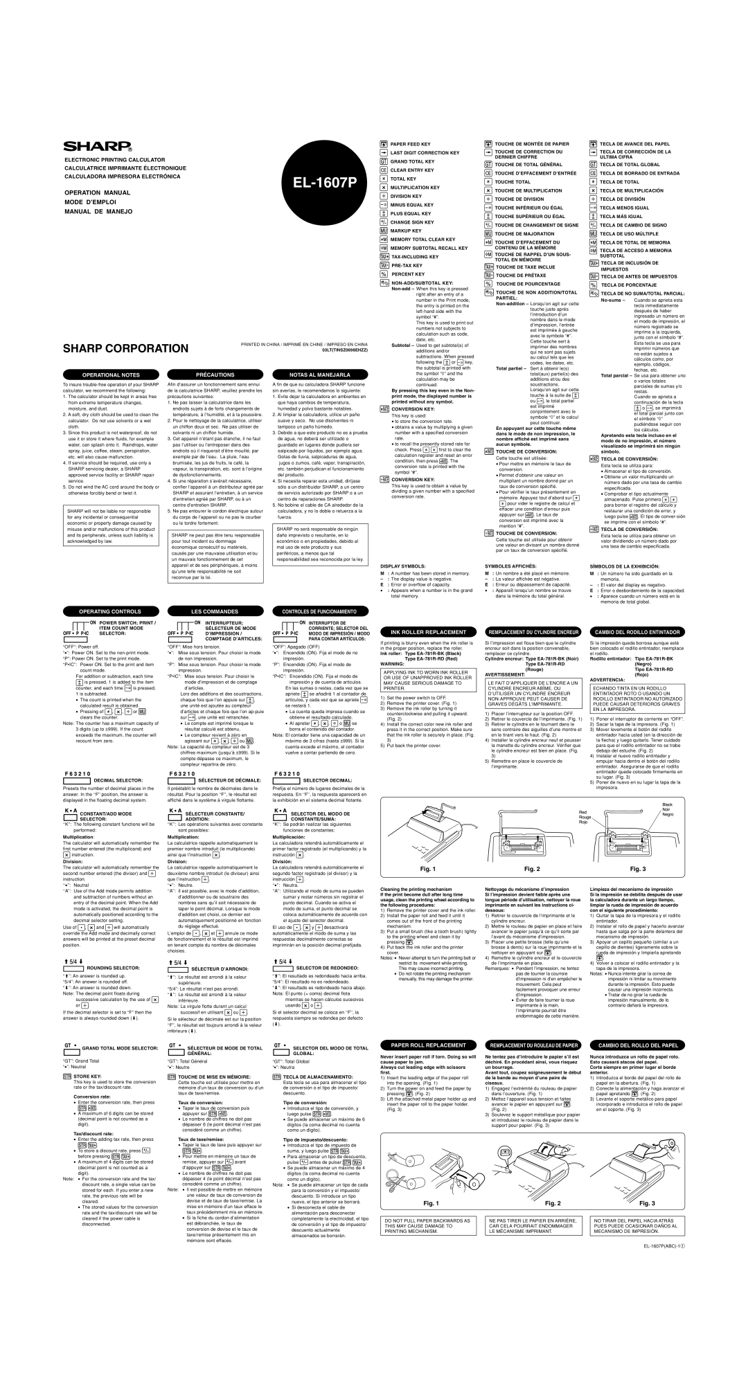 Sharp EL-1607P operation manual Operational Notes Précautions Notas AL Manejarla, Operating Controls, LES Commandes 