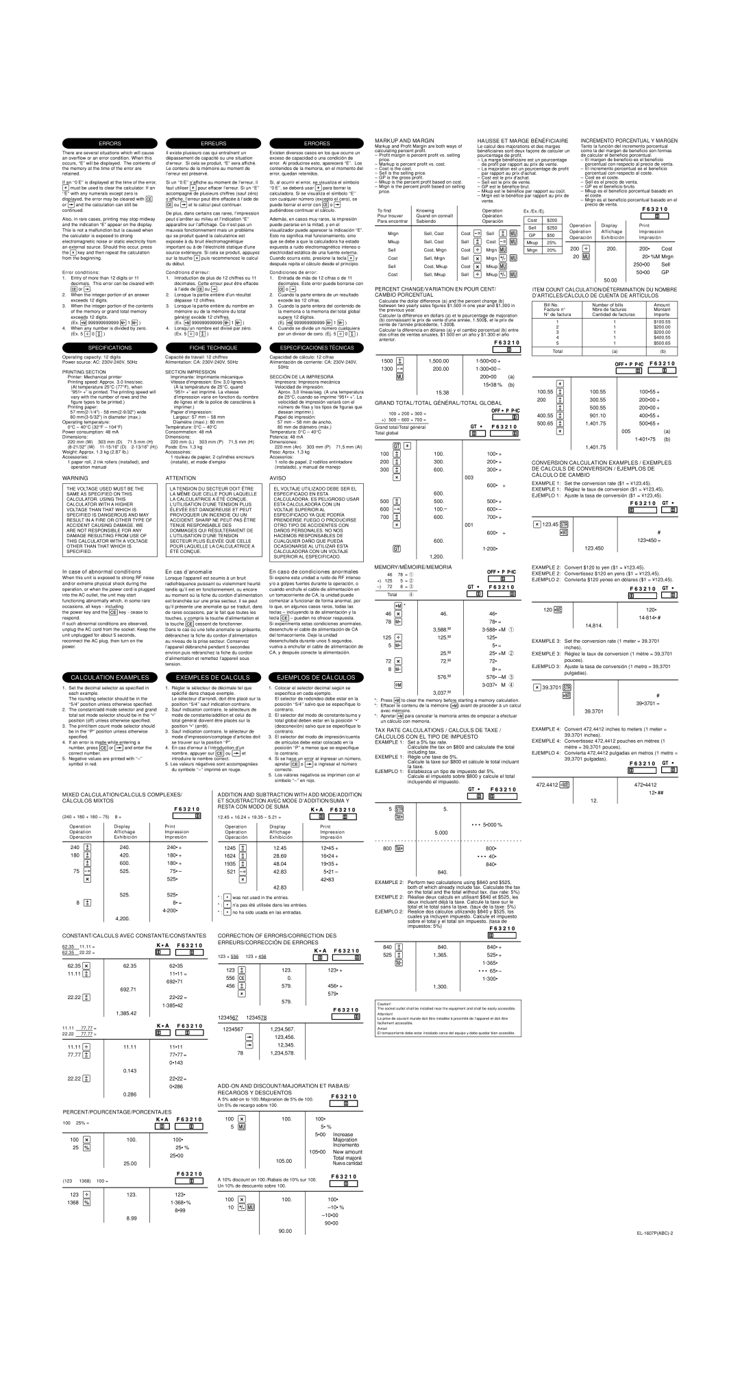 Sharp EL-1607P operation manual Errors, Erreurs, Errores, Specifications Fiche Technique 