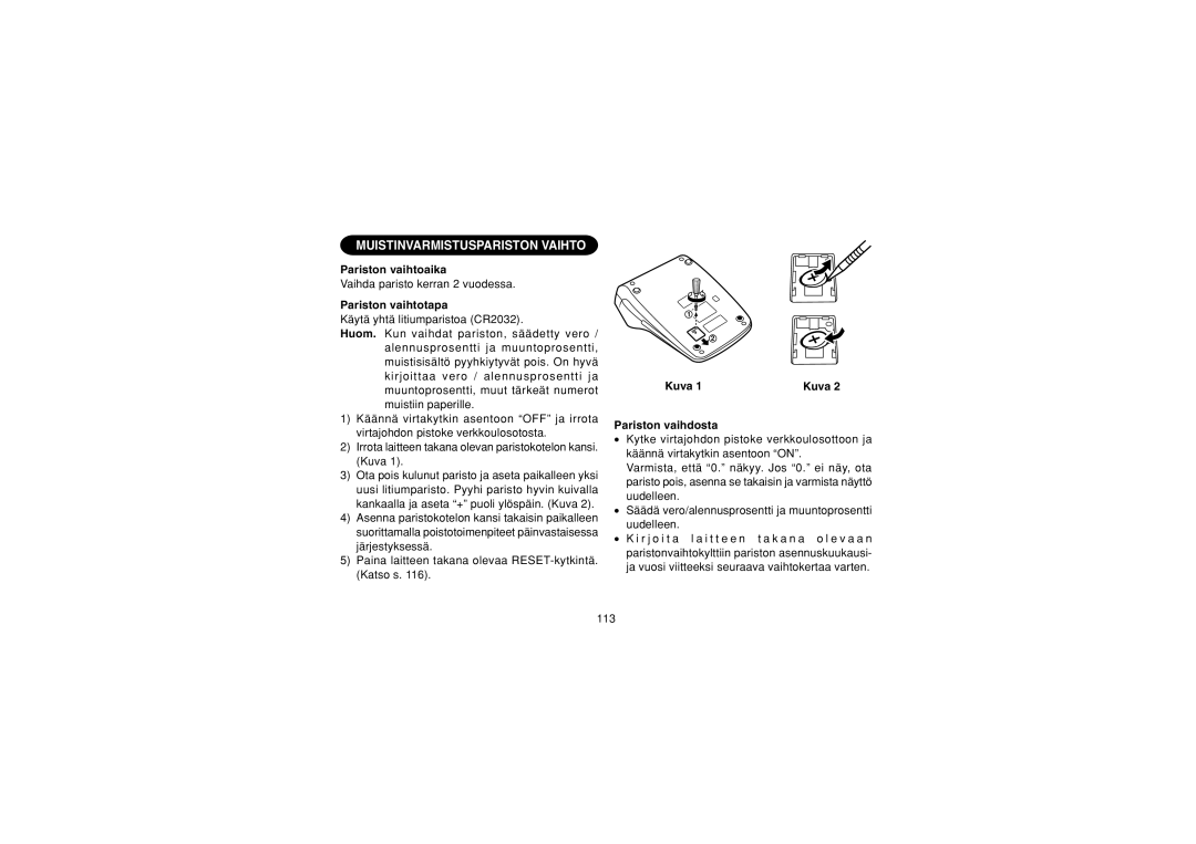 Sharp EL-1607P operation manual Pariston vaihtoaika, Pariston vaihtotapa, Kuva Pariston vaihdosta 