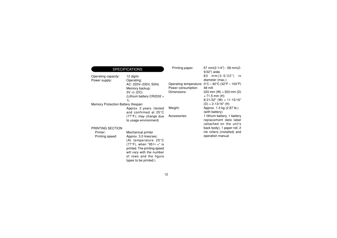 Sharp EL-1607P operation manual Specifications, Printing Section 