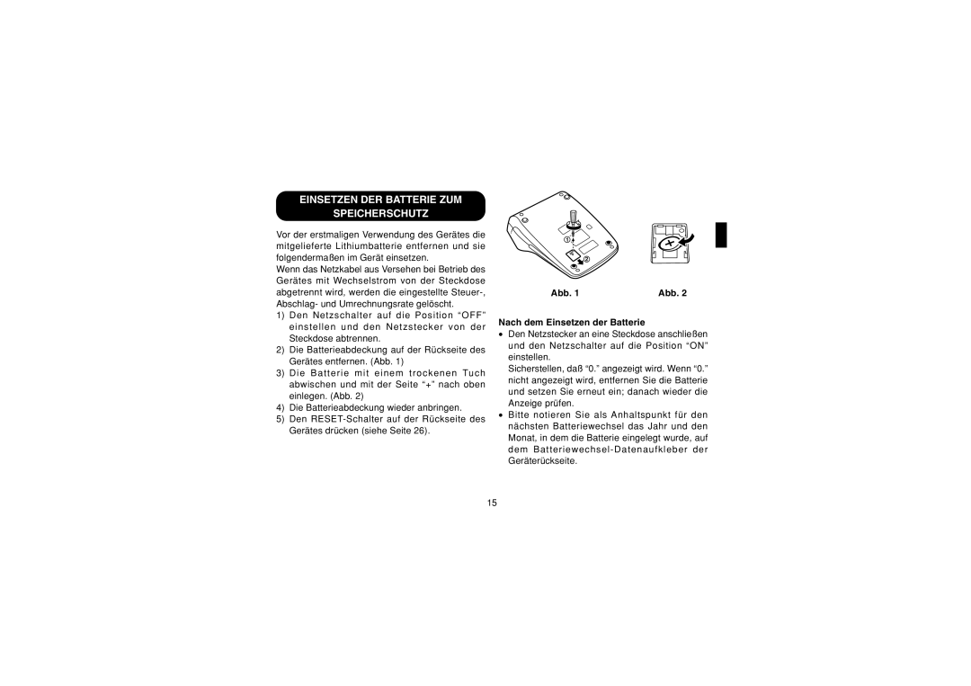 Sharp EL-1607P operation manual Einsetzen DER Batterie ZUM Speicherschutz, Abb, Nach dem Einsetzen der Batterie 