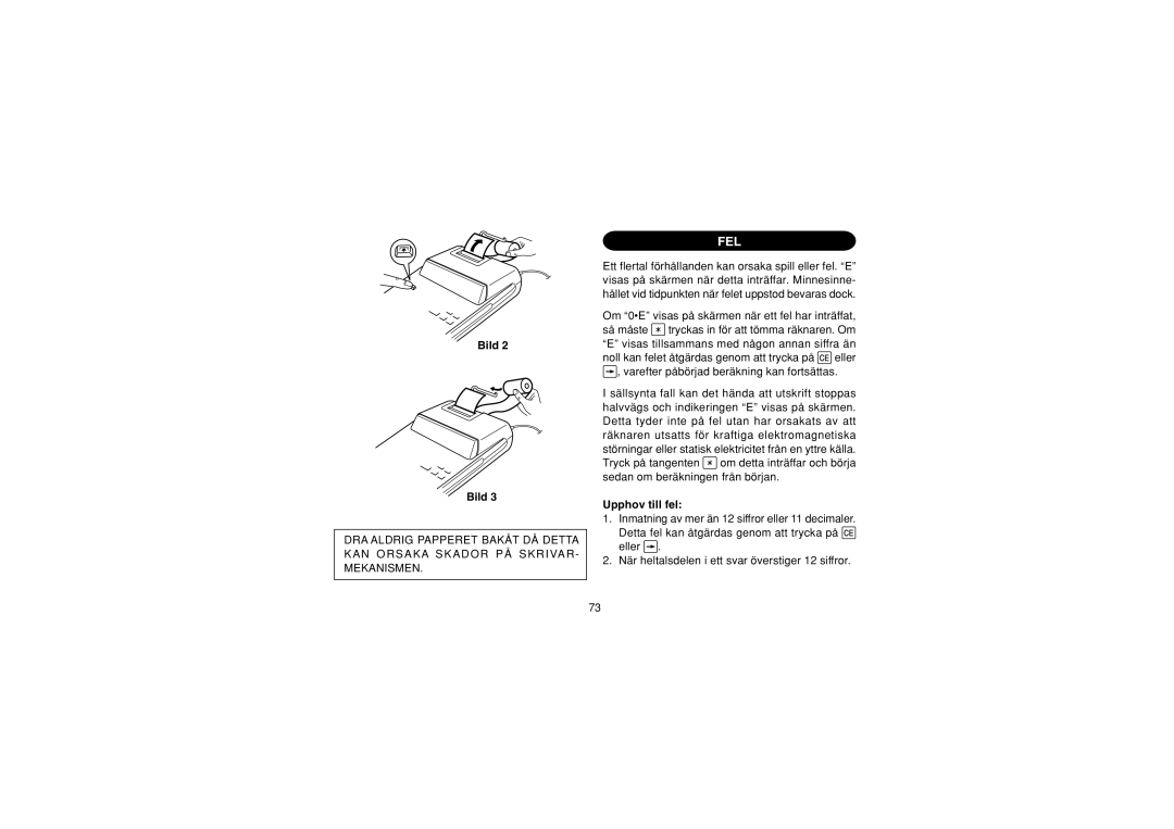 Sharp EL-1607P operation manual Fel, Upphov till fel 