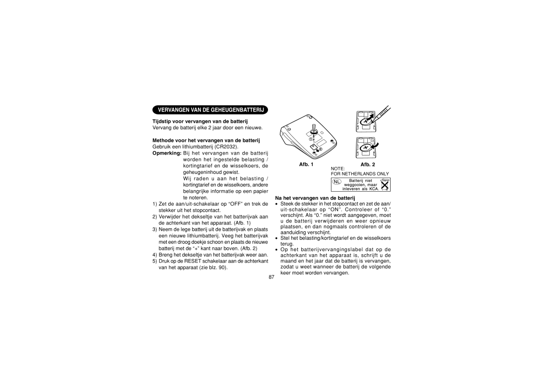 Sharp EL-1607P operation manual Tijdstip voor vervangen van de batterij, Methode voor het vervangen van de batterij 