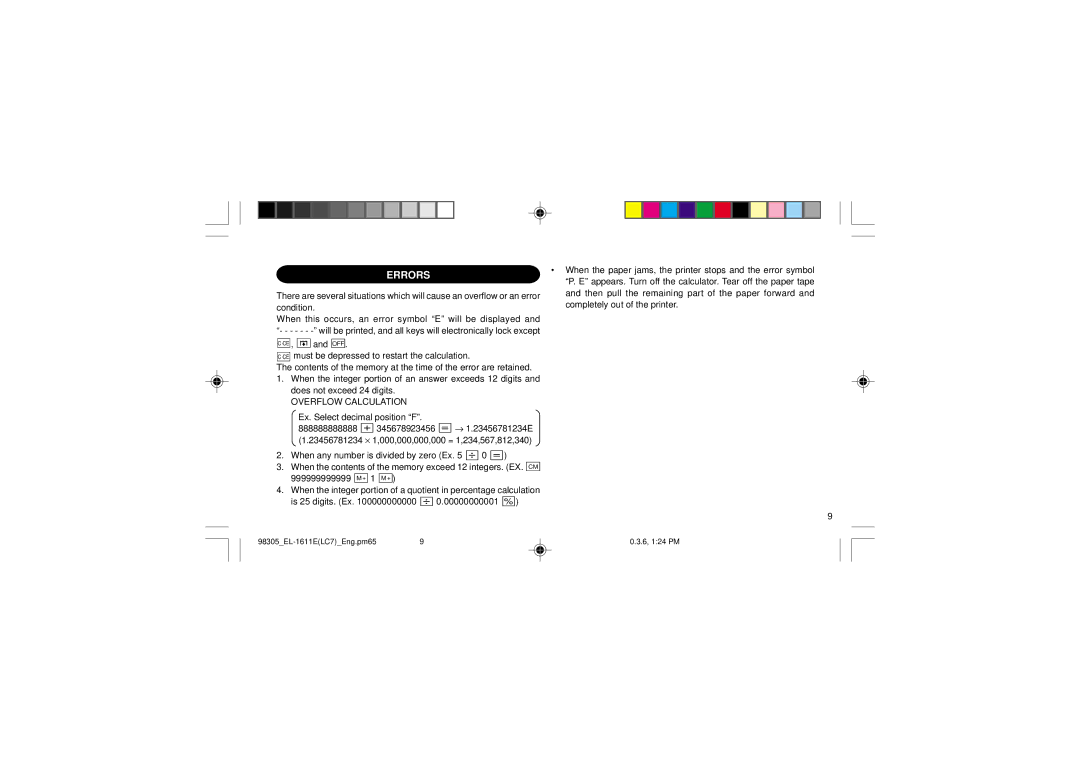 Sharp EL-1611E operation manual Errors, Overflow Calculation 