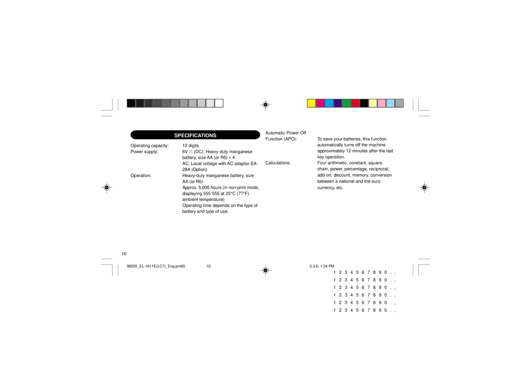 Sharp EL-1611E operation manual Specifications 