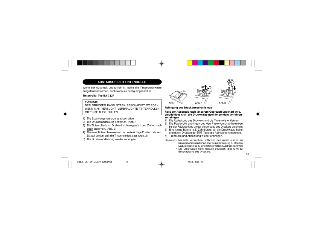 Sharp EL-1611E operation manual Austausch DER Tintenrolle, Tintenrolle Typ EA-732R, Vorsicht 