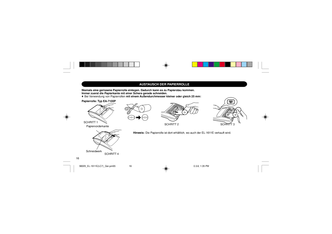 Sharp EL-1611E operation manual Austausch DER Papierrolle, Schritt 