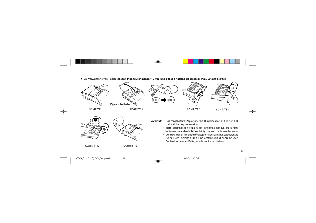 Sharp EL-1611E operation manual Papierrollenhalter 