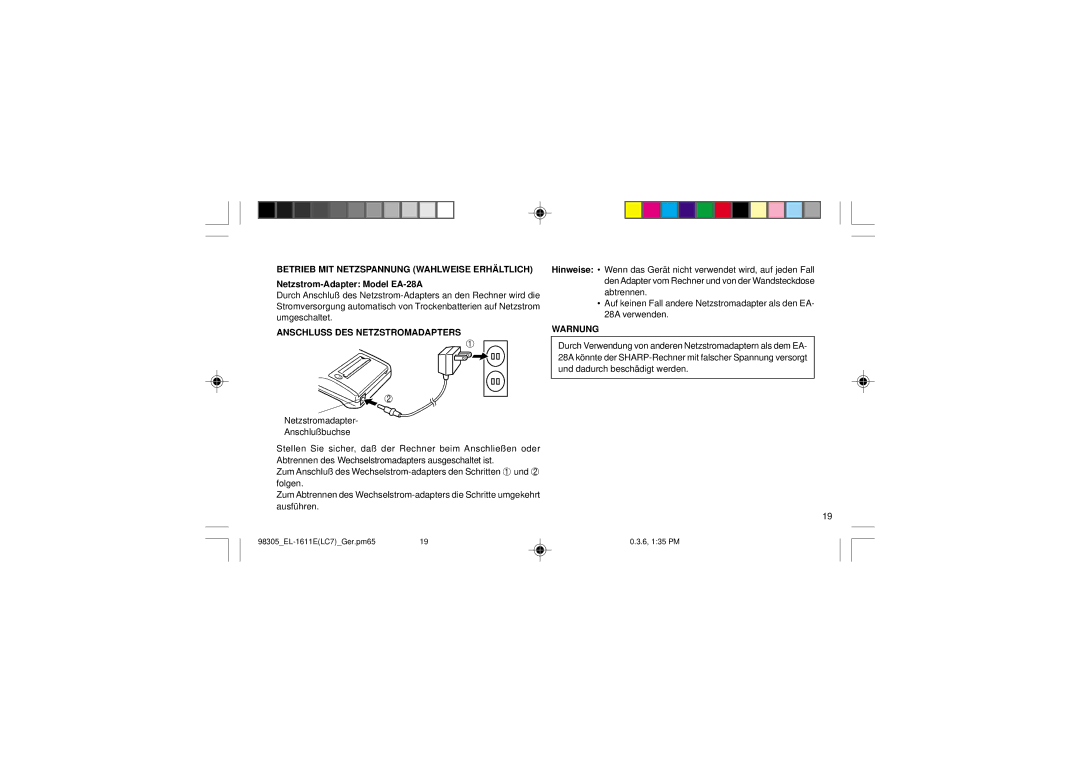 Sharp EL-1611E operation manual Anschluss DES Netzstromadapters, Warnung 