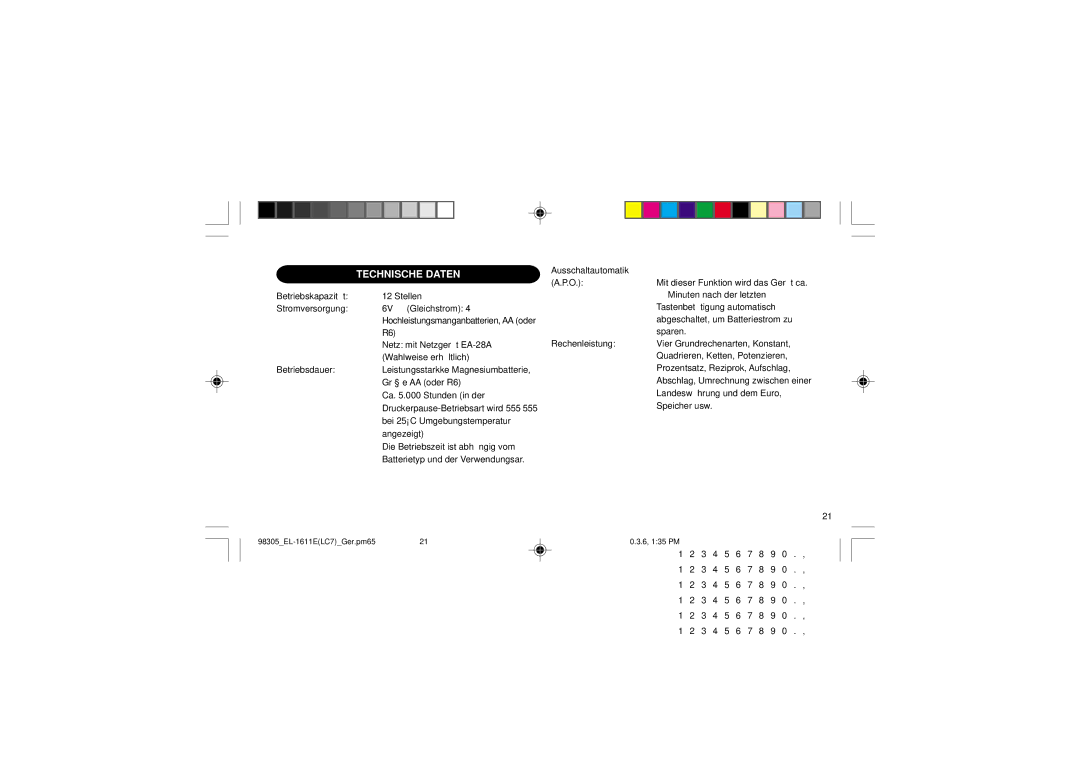 Sharp EL-1611E operation manual Technische Daten 