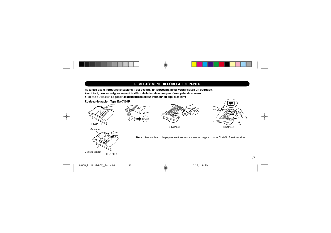 Sharp EL-1611E operation manual Remplacement DU Rouleau DE Papier, Etape 