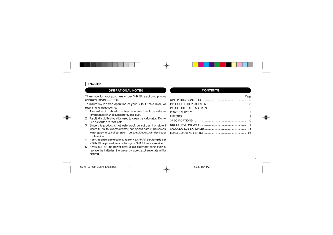 Sharp EL-1611E operation manual Operational Notes, Contents 