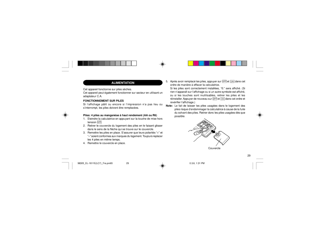 Sharp EL-1611E Alimentation, Fonctionnement SUR Piles, Piles 4 piles au manganèse à haut rendement AA ou R6 