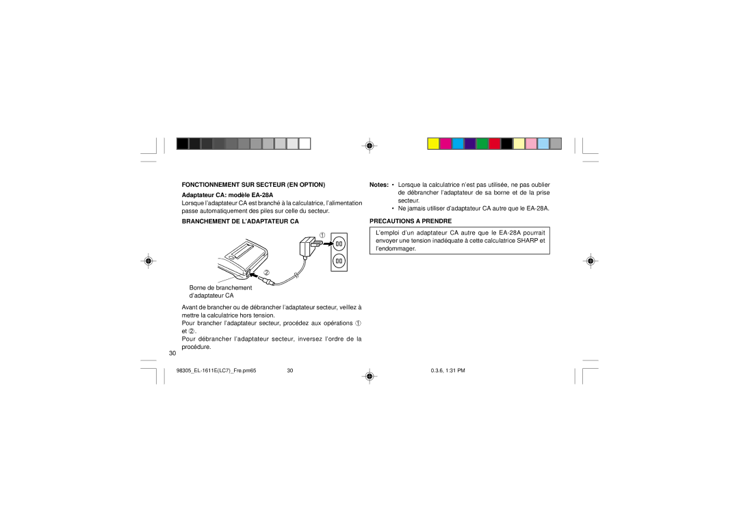 Sharp EL-1611E Fonctionnement SUR Secteur EN Option, Adaptateur CA modèle EA-28A, Branchement DE L’ADAPTATEUR CA 