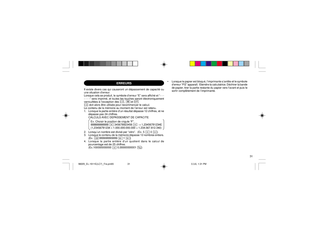 Sharp EL-1611E operation manual Erreurs, Calculs Avec Depassement DE Capacite 