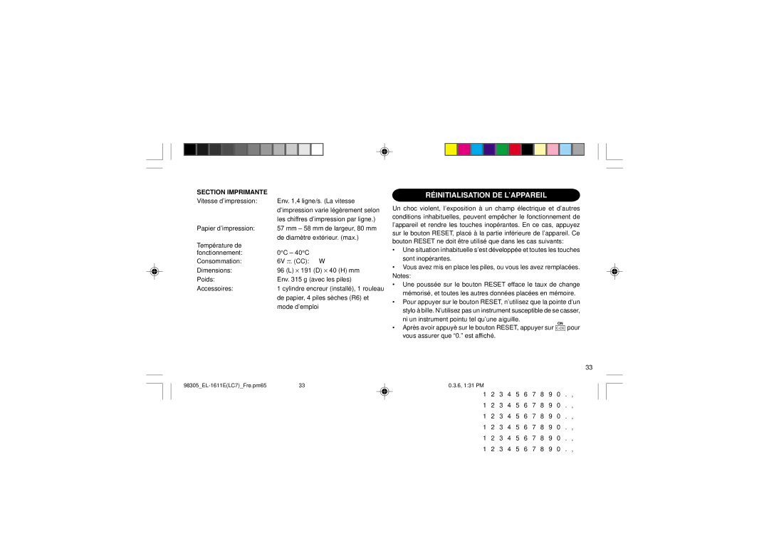 Sharp EL-1611E operation manual Réinitialisation DE L’APPAREIL, Section Imprimante 