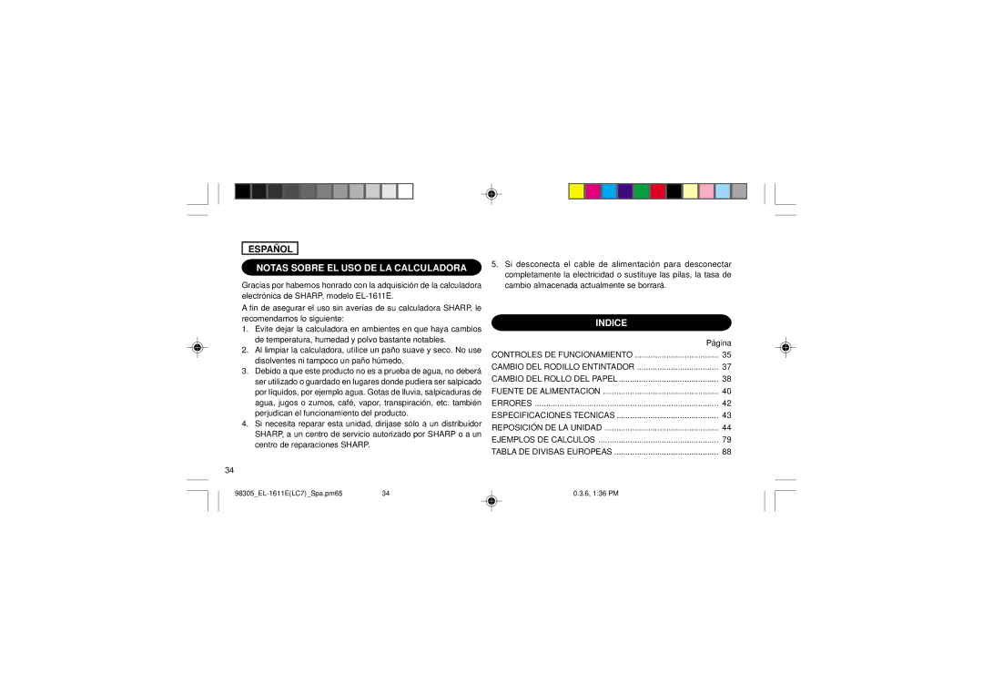 Sharp EL-1611E Notas Sobre EL USO DE LA Calculadora, Indice, Controles DE Funcionamiento Cambio DEL Rodillo Entintador 