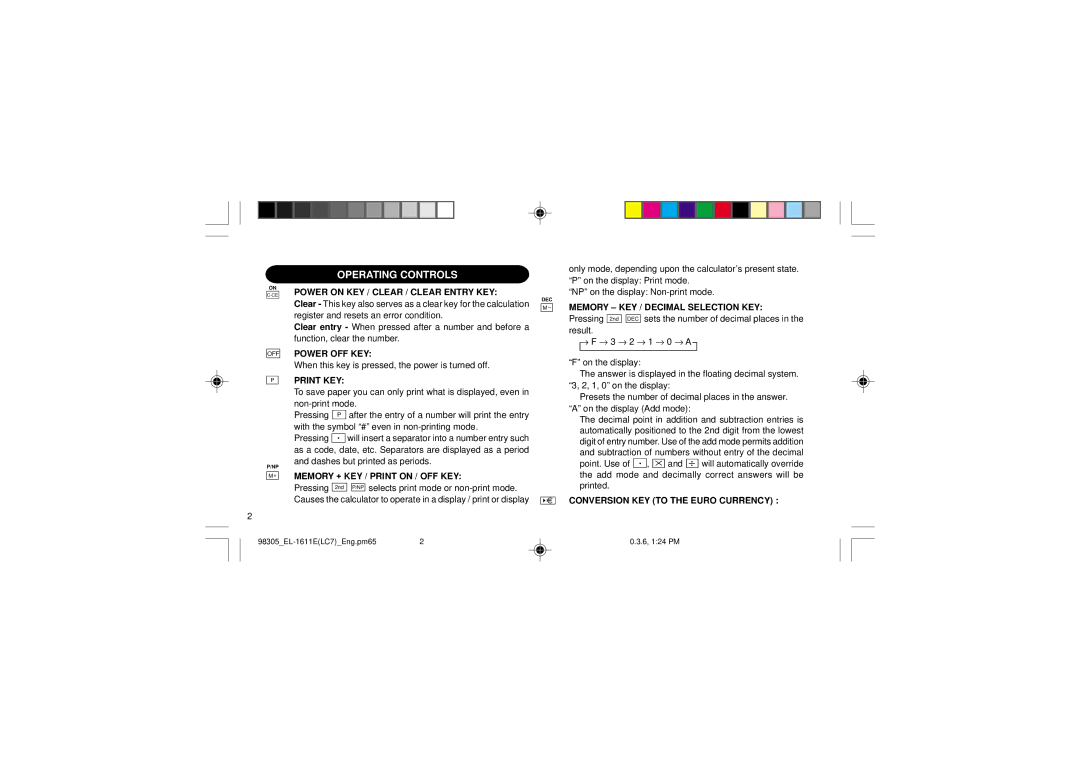 Sharp EL-1611E operation manual Operating Controls 