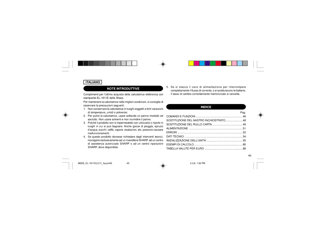 Sharp EL-1611E operation manual Italiano 