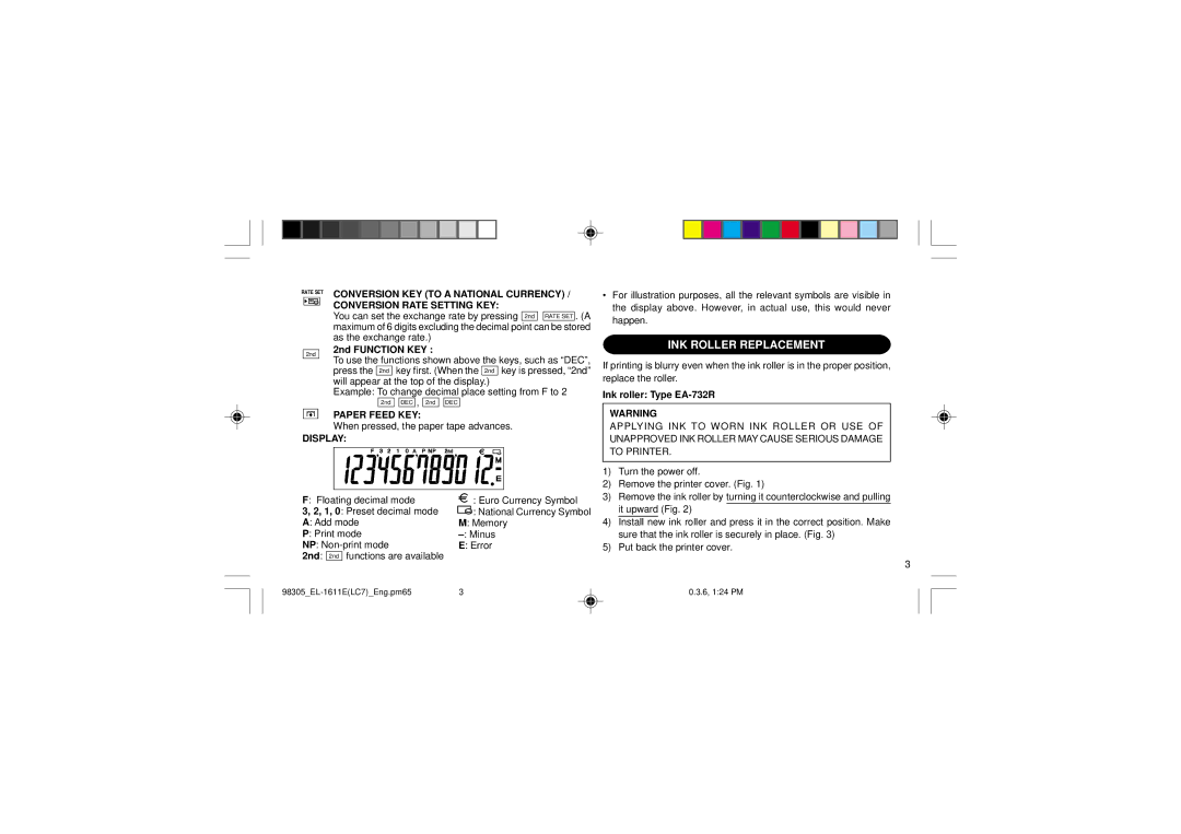 Sharp EL-1611E INK Roller Replacement, Conversion KEY to a National Currency, Conversion Rate Setting KEY, Paper Feed KEY 