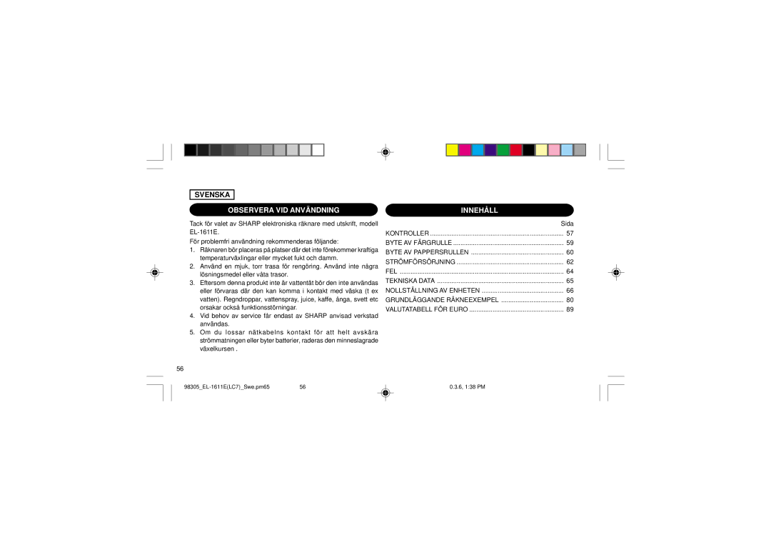 Sharp EL-1611E operation manual Observera VID Användning, Innehåll 