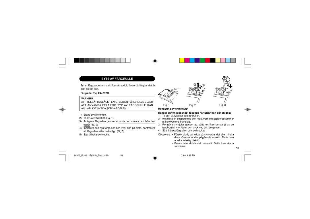 Sharp EL-1611E operation manual Byte AV Färgrulle, Färgrulle Typ EA-732R, Varning 