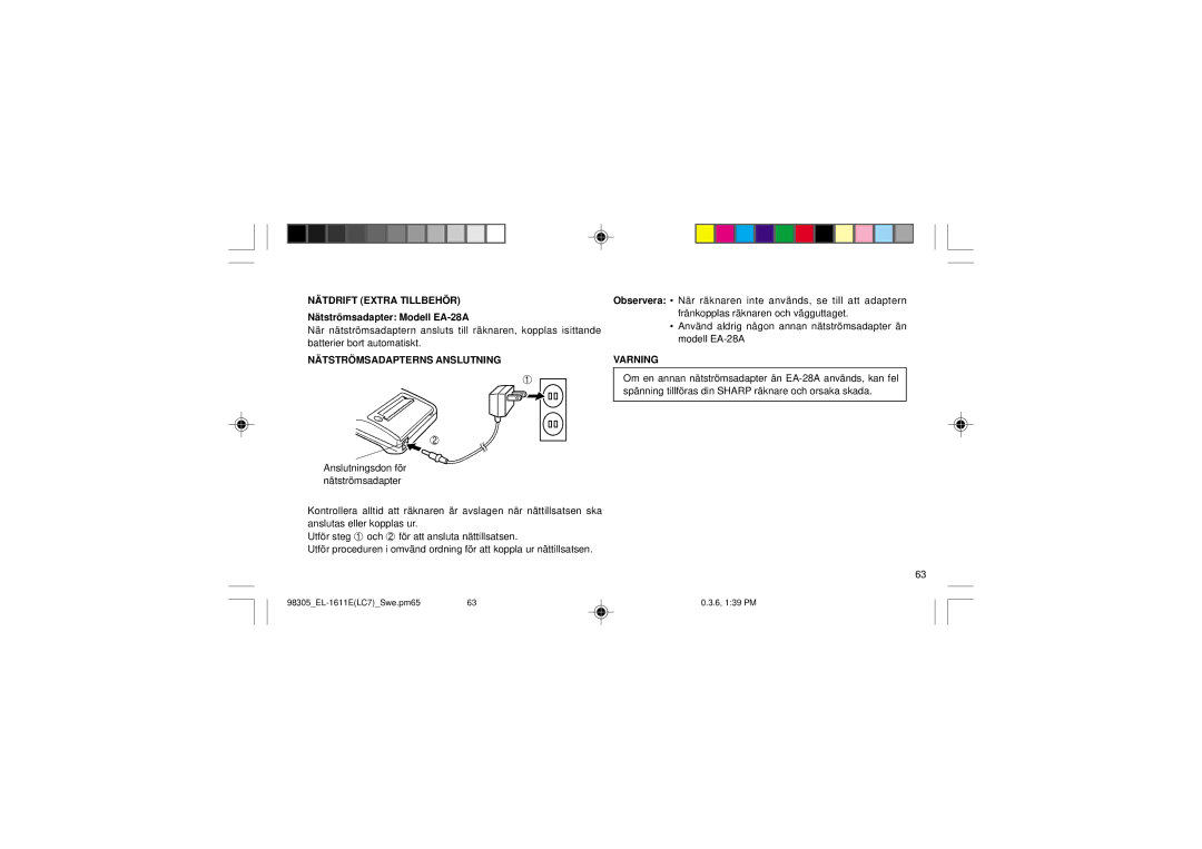 Sharp EL-1611E operation manual Nätströmsadapterns ANSLUTNING2, Varning 