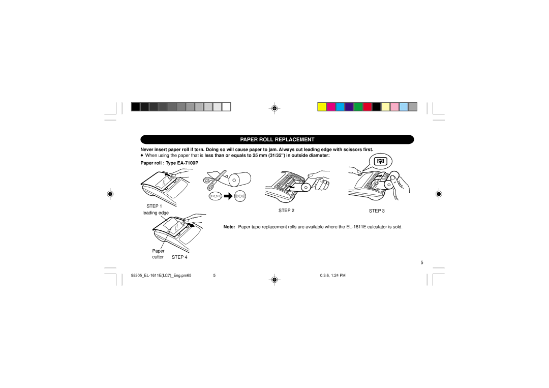 Sharp EL-1611E operation manual Paper Roll Replacement, Step 