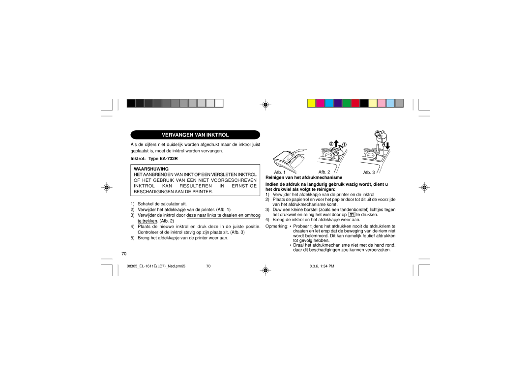 Sharp EL-1611E operation manual Vervangen VAN Inktrol, Inktrol Type EA-732R, Waarshuwing 