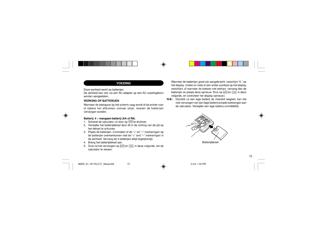 Sharp EL-1611E operation manual Voeding, Werking OP Batterijen, Batterij 4 ⋅ mangaan-batterij AA of R6 