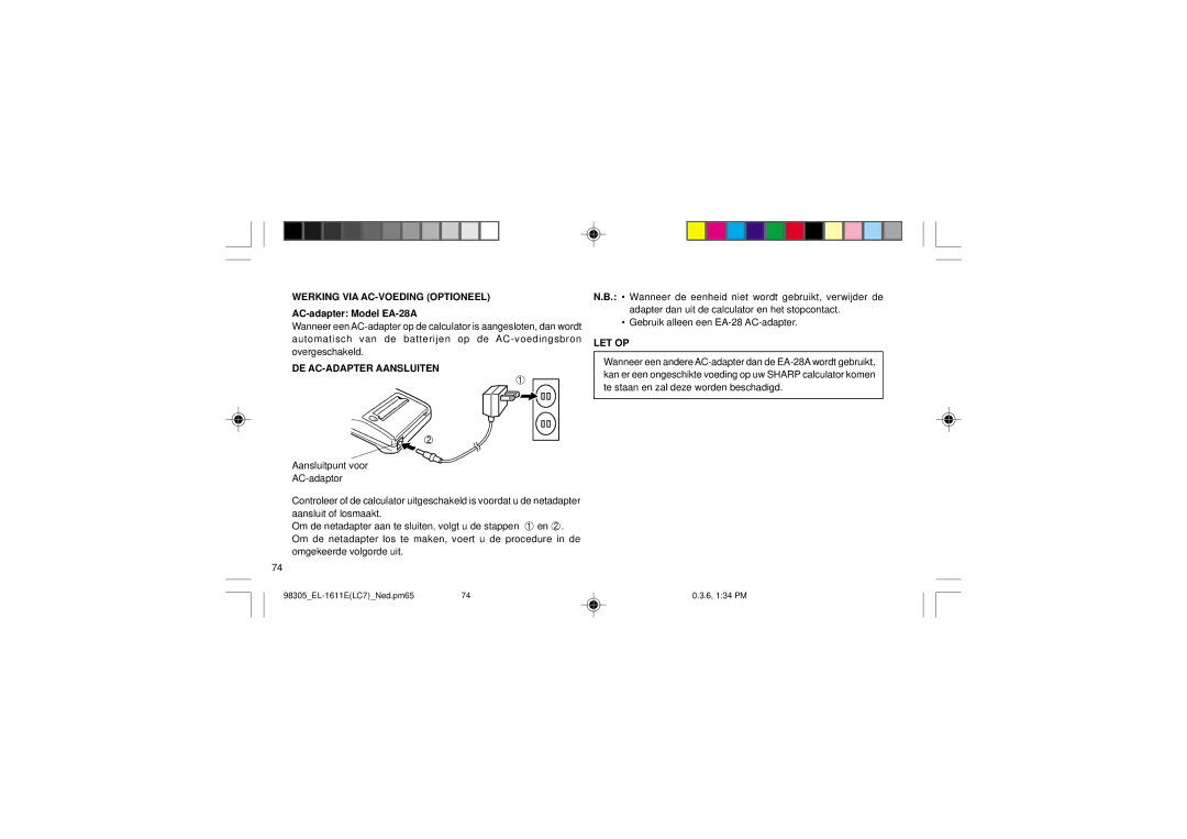 Sharp EL-1611E operation manual DE AC-ADAPTER Aansluiten, Let Op 