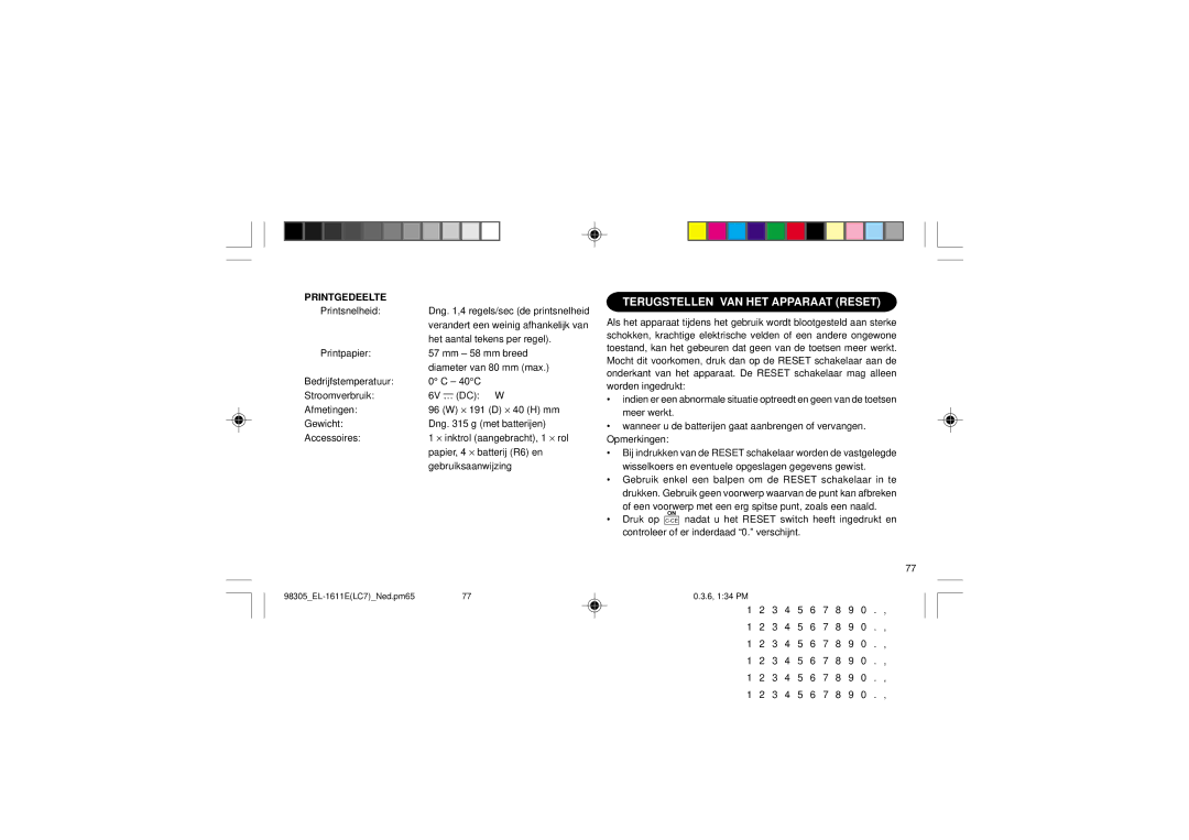 Sharp EL-1611E operation manual Terugstellen VAN HET Apparaat Reset, Printgedeelte 